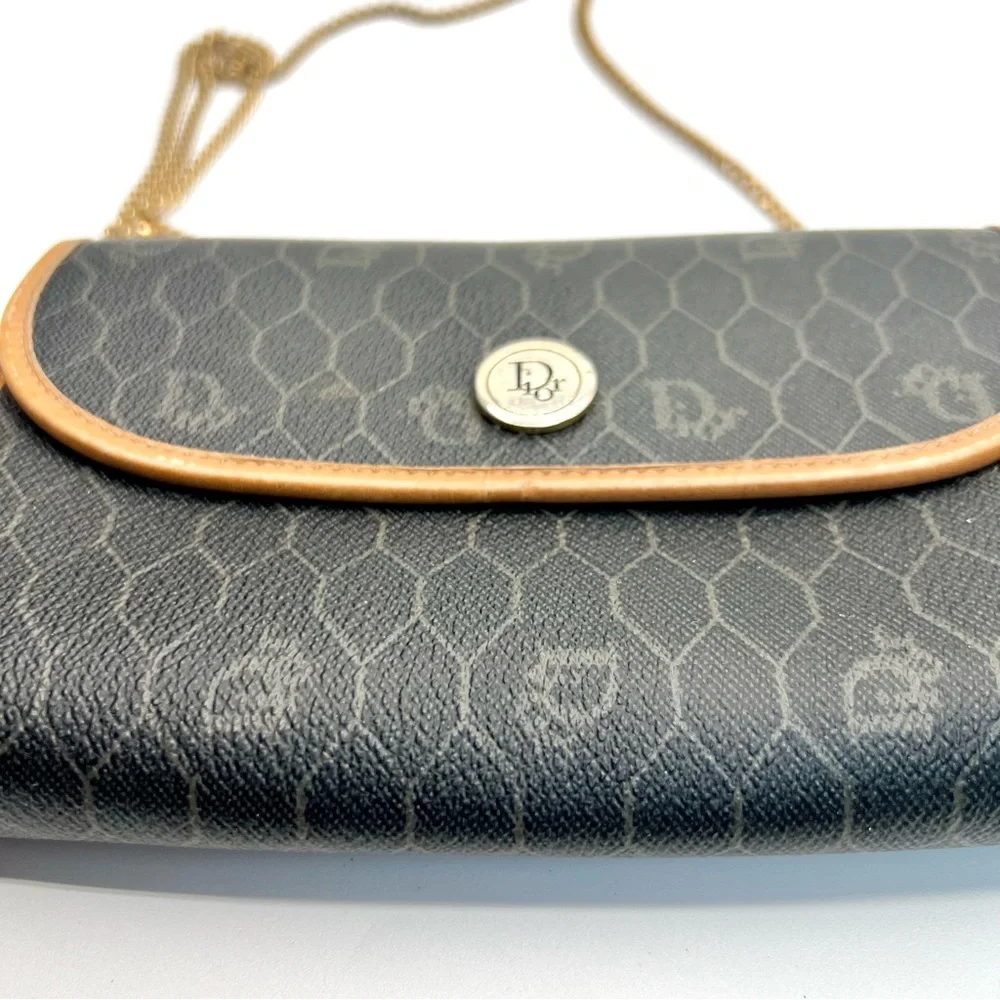 Dior Honeycomb Coated Canvas Chain Shoulder Bag in Black with Tan Leather Trim